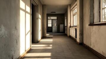 Abandoned Sunlit Corridor with Peeling Paint and Dusty Floor photo
