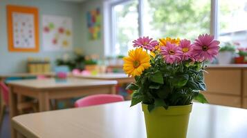 Vibrant Flowers in Green Pot on Table in Bright and Colorful Classroom photo
