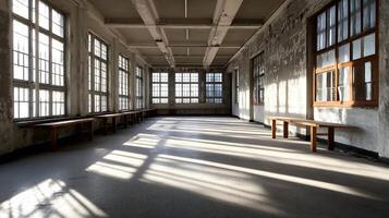 Sunlight Streaming into an Abandoned Industrial Space with Rustic Charm photo