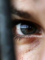 Intense Close-Up of a Reflective Eye Gazing Through a Narrow Gap photo