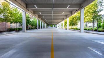Modern Open Air Parking Structure with Greenery and Architectural Details Under Blue Sky photo