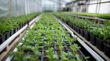 Greenhouse Full of Young Plants in Neat Rows Under Bright Natural Light Ready for Cultivation photo