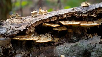 Natural Woodland Fungi Growing on a Decaying Log in a Forest Setting photo