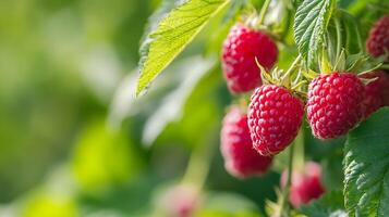 Fresh Ripe Raspberry Cluster on Bush with Lush Green Leaves in Summertime Garden photo