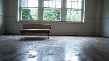 Minimalist Empty Room with Large Windows and Single Bench Creating a Serene Atmosphere photo