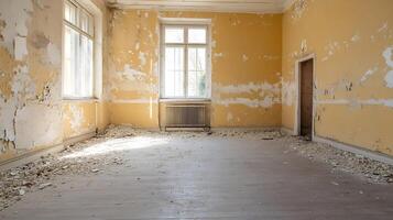 Abandoned Room with Peeling Paint and Natural Light Capturing a Timeworn Yet Inviting Atmosphere photo