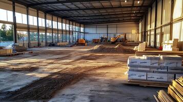 Spacious Warehouse Under Construction with Machinery and Building Materials photo