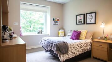 Cozy and Stylish Dorm Room Interior with Bright Window and Trendy Decor photo