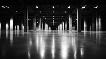 Expansive Empty Industrial Warehouse with Reflective Floors and Evenly Spaced Columns photo