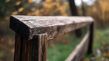 Close-Up of Rustic Wooden Fence in Autumnal Forest with Fallen Leaves and Soft Focused Background photo
