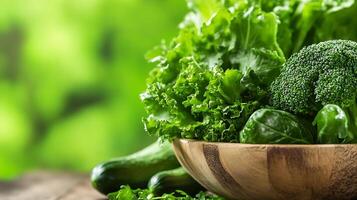 Fresh Green Leafy Vegetables in Wooden Bowl with Vibrant Nature Background photo