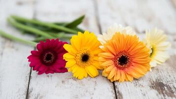Vibrant Gerbera Daisies on Rustic Wooden Table Photographed in Natural Light photo