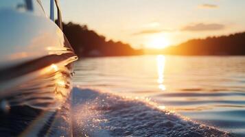 Serene Sunset View from Speedboat on Calm Lake with Golden Reflection photo