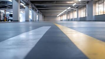 Modern underground parking garage with illuminated empty spaces and directional lines photo