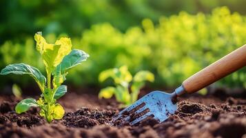 Vibrant Green Seedling with Garden Fork in Rich Soil Lit by Warm Sunlight photo