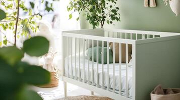 Modern Nursery with White Crib Surrounded by Lush Greenery and Natural Light in a Serene Environment photo