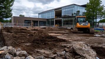 Construction Site with Excavator and Modern Glass Building in Background photo