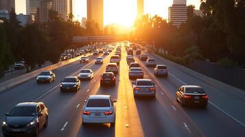 Busy Highway During Sunset Creating a Warm Cityscape with Vibrant Urban Vibes photo