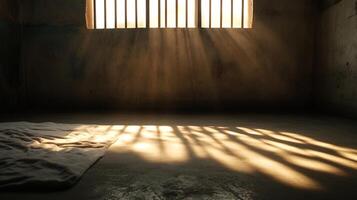 Lonely Sunlit Jail Cell with Light Streaming Through Barred Window photo