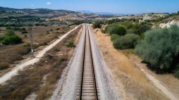 Railway Tracks Extending Through Arid Countryside with Distant Mountain and Clear Blue Sky photo