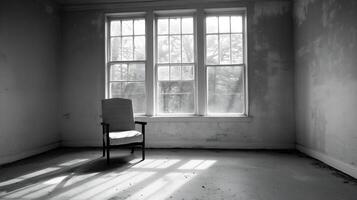Abandoned room with a single chair and large windows capturing moody sunlight photo