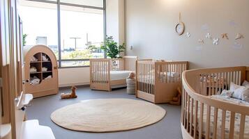 Modern infant daycare room with minimalist wooden cribs and natural light ambiance photo