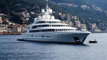 Luxury Yacht Docked in Scenic Coastal Harbor with Mountain Backdrop Exquisite Maritime Scene photo