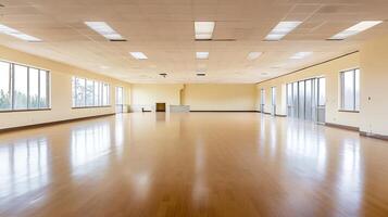 Spacious Sunlit Empty Room with Wooden Flooring Perfect for Events and Yoga Classes photo