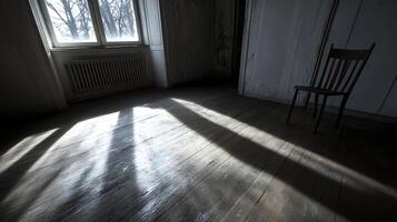 Moody Light and Shadow Play in Rustic Empty Room with Single Wooden Chair photo