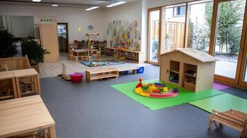 Colorful Kindergarten Classroom with Childfriendly Learning Spaces and Playful Decor photo
