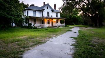 Charming Old White Farmhouse Surrounded by Greenery at Dusk photo