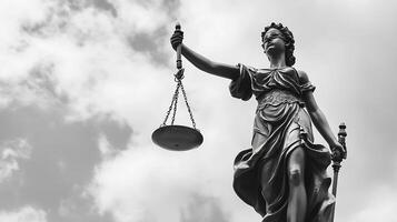 Justice statue under cloudy sky symbolizing impartiality and law in urban environment photo