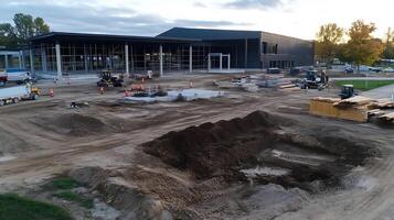 Active Construction Site with Heavy Machinery and Building Materials in a Developing Area photo