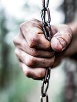 Close Up of a Hand Gripping a Rusty Chain Symbolizing Strength and Determination in Outdoor Setting photo