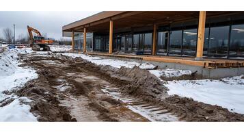 New Construction Site with Heavy Machinery and Winter Snow Surrounding Modern Building photo