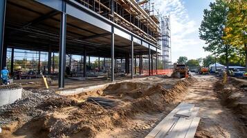 Active construction site of steel and concrete framework for future commercial building project photo