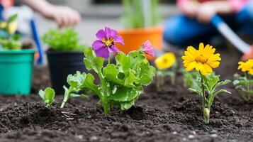 Colorful Garden with Vibrant Spring Flowers in Fresh Soil photo