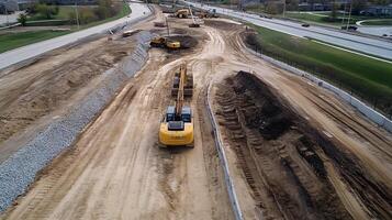 Aerial View of Highway Construction with Heavy Machinery and Earthworks photo