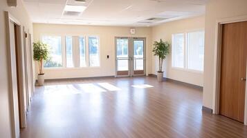 Bright Open Hallway with Large Windows and Natural Light in Contemporary Building photo