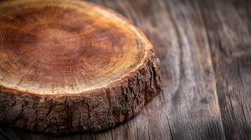 Close-Up of Rustic Wooden Tree Slice with Beautiful Texture and Natural Patterns photo
