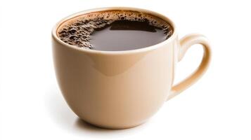 Minimalist shot of a fresh black coffee in a simple white mug isolated on white background photo
