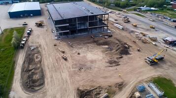Construction Site with Steel Frame Structure of a Large Building in Development Stage photo