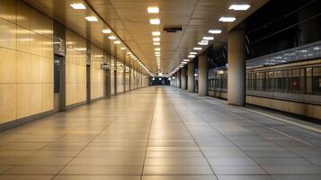 Empty Underground Subway Station with Bright Artificial Lighting and Gleaming Tile Floors photo