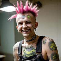 Portrait of smiling punk rocker with pink mohawk and tattoos showing his rebellious attitude photo