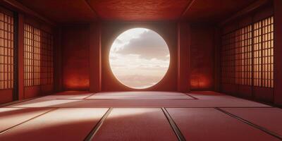 A large room with tatami mats on the floor, a circular window in front of it, and red walls. photo