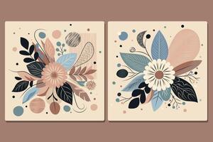set with flowers and leaves in trendy flat simple style for spring and summer background. Twoarts with plants, leaves, flowers vector