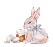 Watercolor hand drawn Illustration of Easter Bunny or rabbit and Kulich with White Icing and Colorful Sprinkles. Colored Chicken and quail eggs and Traditional Easter cake and adorneds. png