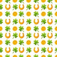 Seamless pattern of gold coins with the image of a shamrock, clover and a golden horseshoe. A repeating pattern depicting gold coins, clover, and horseshoe shamrocks in honor of St. Patrick's Day. vector