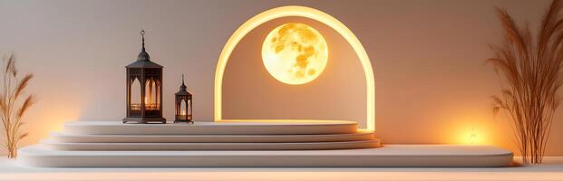 Ramadan lanterns illuminate a tiered display under a full moon photo
