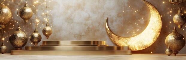 Golden Ramadan Display with Crescent Moon and Lanterns photo